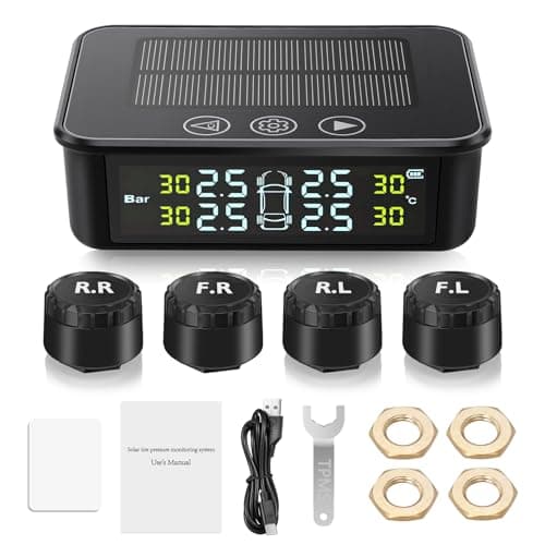 Image of Avutrel Tyre Pressure Monitoring System TPMS Tyre Pressure Monitor with Touch Screen Buttons & LCD Display, Wireless Solar/USB Charging, 5 Alarm Modes, 4 External Sensors for Cars SUVs Caravans
