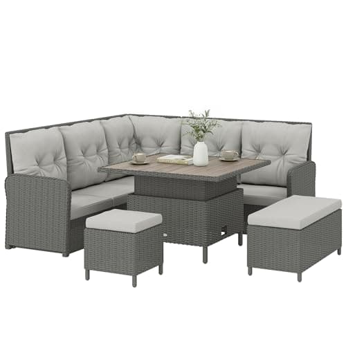 Image of Outsunny 7 Seater Rattan Garden Furniture Set, 6 Piece Patio Dining Set with Liftable Coffee Table and Soft Padded Cushion, Patio Wicker Sectional Conversation Corner Sofa, 128 x 71 x 84cm, Dark Grey