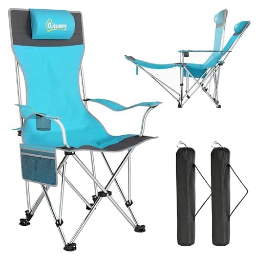 Image of Outsunny Set of 2 Reclining Folding Camping Chair w/Detachable Footrest, Storage Bag, Cup Holder & Headrest, Lightweight Portable Camp Chair for Beach, Picnic, Blue and Grey