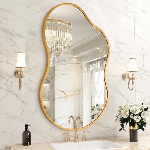 Image of HLFMVWE Irregular Bathroom Wall Mirror, Gold Aluminum Alloy Frame Asymmetrical Decor Mirrors Brushed Metal Vanity Wall Mounted Mirror for LivingRoom Bedroom Room Home Large 40x65 CM