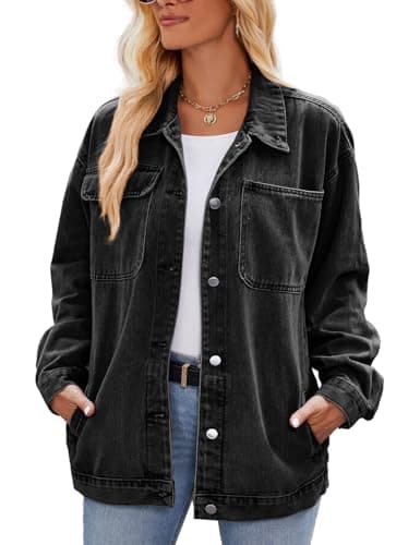 Image of Sukany Women's Retro Casual Denim Jacket Oversized Button Up Long Sleeve Loose Lapel Washed Denim Shacket Coat Black L