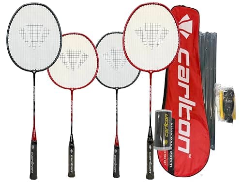 Image of Carlton Nanomax Pro Ti Badminton Set, Family 4 Player Set with 2 Adult Rackets, 2 Junior Rackets, Carry Cover, Shuttles, Net & Posts for instant play.
