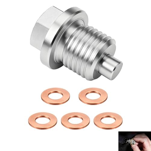 Image of Magnetic Oil Drain Plug, M14 x 1.5 Stainless Steel Sump Drain Nut Bolt with 5 Copper Crush Washer, Universal Oil Pan Plug, Replacement Universal Oil Plug for Most Cars Motorcycle Boats Engines