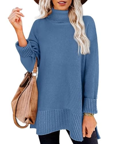 Image of Aokosor Women Jumper Turtle Neck Tops for Ladies Ribbed Sweater Split Tunic Blue Size 10-12