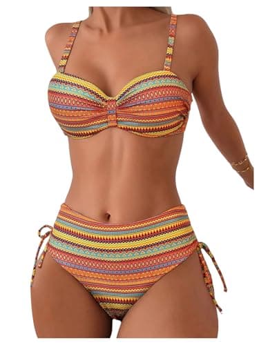 Image of GORGLITTER Women's Striped Boho Print Bikini Sets Push Up Underwire Tie Side 2 Piece Tummy Control Swimwear Orange Large