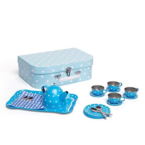 Image of Bigjigs Toys Blue Polka Dot Kids Tea Set with Carry Case - 15 Piece Tin Children's Tea Set for Pretend Play with Matching Tray & Carry Basket, Boys & Girls Tea Set