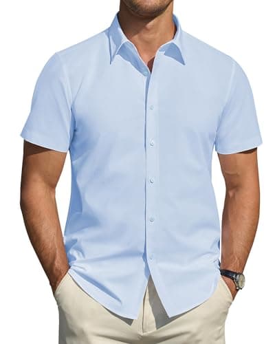 Image of J.VER Mens Short Sleeved Shirts Formal Stain Shield Stretch No Iron Regular Fit Fashion Summer Casual Work Wedding Button Down Shirt Blue M