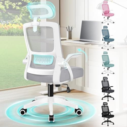 Image of ELFORDSON Ergonomic Office Chair, Mesh Desk Chairs with Headrest Lumbar Support, Executive Computer Swivel Chairs with Flip-up Armrests, Comfy Seat, Height Adjustable, Rocking for Home, White & Grey