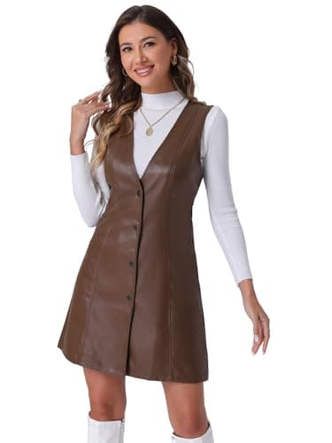 Image of Allegra K Faux Leather Dress for Women's Pinafore Button Down V Neck Sleeveless Mini Overall Dresses Brown L