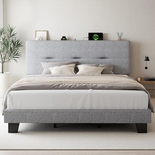 Image of FEONASE 6ft Super king Bed Frame with Charging Station, Linen Upholstered Platform kingsize Bed Frame with Storage Headboard, Sturdy Wooden Slat Support, Noise Free, Easy Assembly, light gray