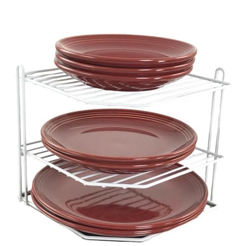 Image of Buckingham 3 Tier White Corner Plate Rack Kitchen Cupboard Tidy Storage Organiser Dish Rack Space Saving Shelf Organiser 23 cm
