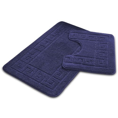 Image of VELVETIO Bath Mat Set 2 Piece Machine Washable for Bathroom, Jacquard Greek Non Slip Quick Dry Shower Rugs & Bathtub Mats, Highly Water Absorbent 100% Polypropylene Toilet Rug Sets, Navy