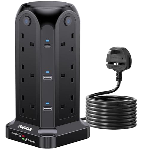 Image of YOUDIAN Tower Extension Lead 2M with USB Slots,12 Way Multi Plug Extension Tower,Max.3250W Capacity,Surge Protection Extension Cord with Switch,Plug Socket Tower Power Strip