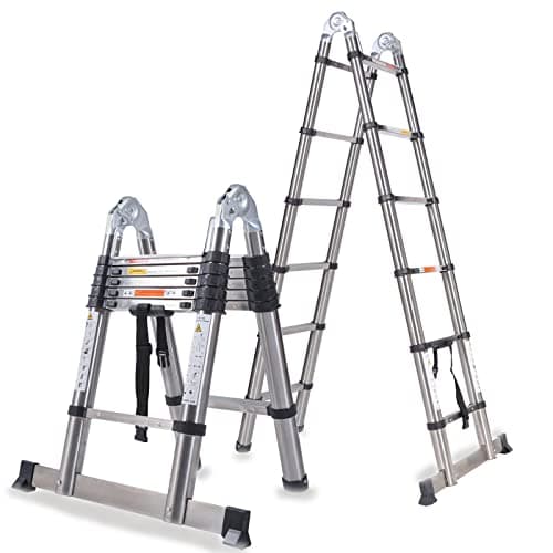 Image of Retractable Ladder 3.8M 12.5FT with 330lb Load Capacity 12 Steps A-Frame Folding Extendable Multi-purpose Stainless Steel Ladder for Household Daily Office Home Garden Construction Site Use