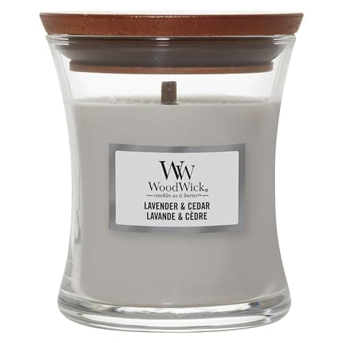 Image of WoodWick Scented Candle with Crackling Wick | Lavender & Cedar Mini Hourglass Candle | Up to 20 Hours Burn Time | Perfect Gifts for Women
