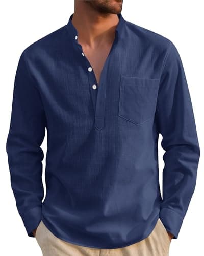 Image of J.VER Men's Fashion Linen Shirt Long Sleeve Regular Fit Casual Summer Beach Cotton Henley Shirt with Pocket Navy Blue L