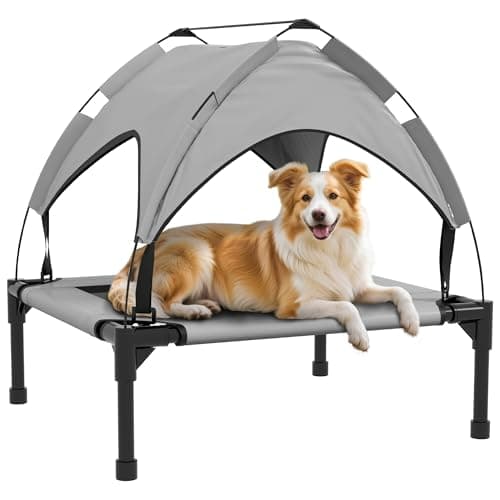 Image of PawHut Cooling Raised Dog Bed, Elevated Pet Bed with Breathable Mesh, UV Protection Canopy, Foot Pads, for Indoor Outdoor, Small, Medium Dogs, 76 x 61 x 69.5cm - Light Grey