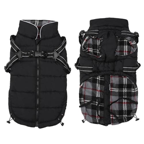 Image of Warm Pet Dog Coats and Jackets,Waterproof Reflective Pet Dog Harness Vest Winter Puppy Clothes with Chest Strap, Outdoor Walking Adjustable Chest Strap-Black-M