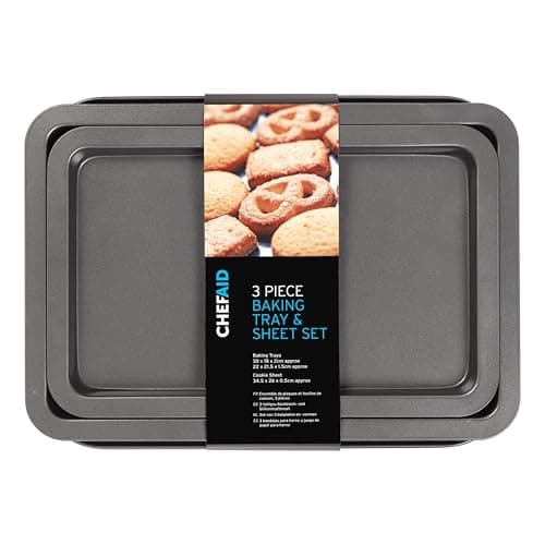 Image of Chef Aid Carbon Steel Baking Tray and Sheet Set, Includes 3 Trays with Durable Non-Stick Coating, The Baking Trays Measure 33.5 x 22 cm and 37 x 25 cm with The Baking Sheet Measuring 35 x 22 cm