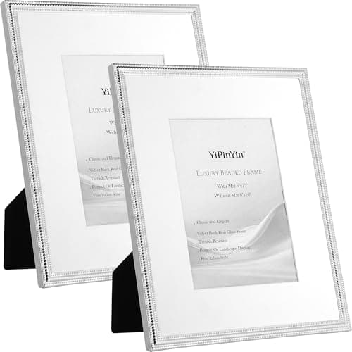 Image of Classy Silver Plated 8x10'' Picture Frame 2 Pack with Acid-Free Mat for 5x7'',Beaded Metal Frame with Real Glass & Velvet Backing,for Tabletop Display or Wall Mounting