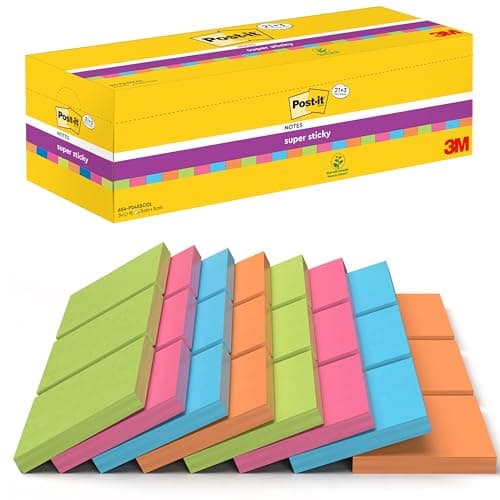 Image of Post-it Super Sticky Notes, 2160 Sheets, Value Pack of 24 Pads, 76 mm x 76 mm - Holds Strong to Many Surfaces - Bright Colours - for Walls, Monitors and Fridge, Recycable