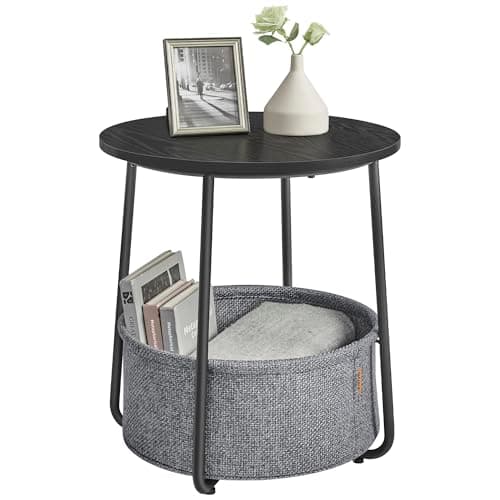 Image of VASAGLE Side Table, Round End Table with Fabric Basket, Spacious, for Living Room Bedroom, Bedside Table, Modern Style, Ebony Black and Slate Grey LET223B01