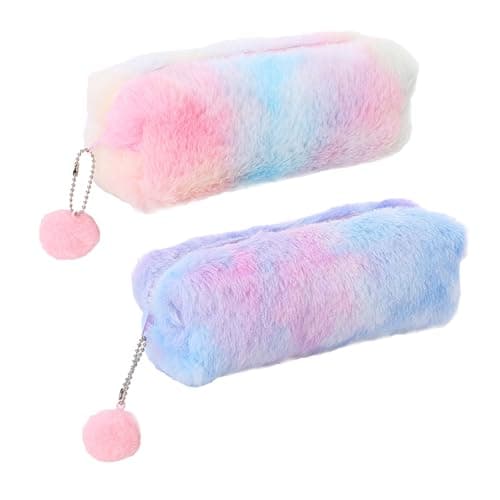 Image of 2PCS Fluffy Plush Pencil Pouch, Rainbow Gradient Designs for Girls, Ages 3-12 - Ideal Gifts for Birthdays, Graduations and Christmas