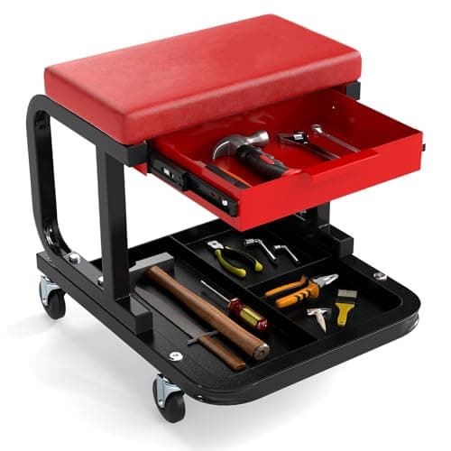 Image of COSTWAY 150kg/185kg Capacity Rolling Mechanic Stool, Soft Padded Creeper Stool Trolley with Tool Tray & 4 Universal Casters, Heavy Duty Garage Workshop Seat Chair (with Drawer, 185kg Load, Red+Black)