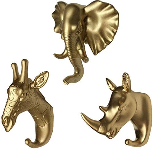Image of MYRU Set of 3 Plastic Elephant Head Giraffe Head and Rhino Head Wall Hooks/Hangers Animal Shaped Hooks Functional Decor for Hats, Keys, Lightweight Items (Gold)