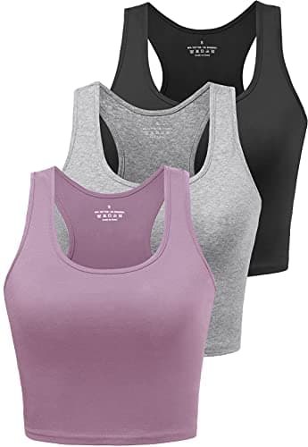 Image of BryticFlow Women's Crop Vest Top 3 Pack Cotton Gym Tops for Yoga Running Shirts Racerback Sleeveless Workout Tank Cropped Ladies Tops Black/Grey/Purple M