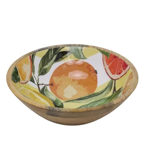Image of Carousel Home Large Mango Wood Citrus Bowl | 25cm Enamel Orchard Fruit Design Handcrafted Serving Bowl for Fruit, Salad, Pasta or Bread