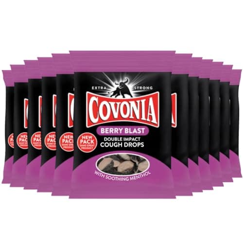 Image of Covonia Double Impact Cough Drops Berry Blast 12 Bags x 51g, Powerful Menthol Vapours, Suitable for Vegetarians, Alcohol Free Cough Drops