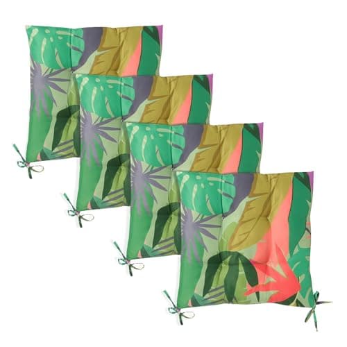 Image of OHS 4 Pack Seat Pads Outdoor Chair Cushions, Palm Print Indoor Outdoor Seat Cushions with Ties for Garden Furniture Bistro Chairs Kitchen Dining Chair Cushions, Green - 40 x 40cm