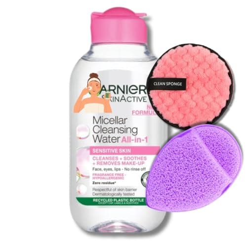 Image of Micellar Cleansing Water Travel Set – Gentle Face Cleanser (100ml) with Reusable Makeup Remover Puff & Exfoliating Glove – Perfect for Sensitive Skin, Travel-Friendly Skincare