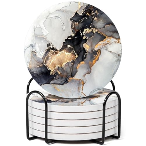 Image of Marble Design Ceramic Coasters Set of 6 with Holder and Cork Base - Delux Grey Home Accessories for Drinks, Cup and Table Decor, 10cm/4inch