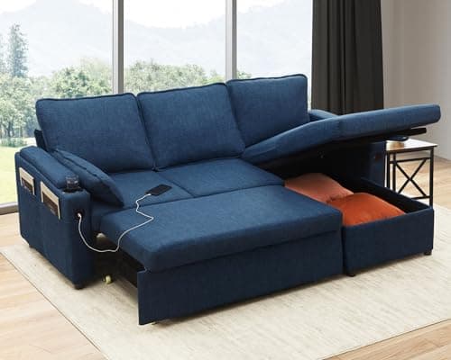 Image of DURASPACE L Shaped Sofa Corner Sofa Bed Convertible Couch Sleeper With Storage,2 USB, Cup Holder,Pull out Sectional Couches For Living Room (Blue)