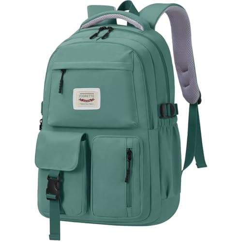 Image of FIORETTO Lightweight School Backpack Womens, Cute School Bag for Teenager Girls, 15.6 Laptop Rucksack Backpack for School Casual Daypacks Travel Backpack for College Work Dark Green 25L