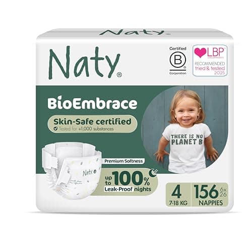 Image of Naty BioEmbrace Baby Nappies | Sensitive Skin Safe Certified | Leak Protection up to 100% | Plant-Based Softness, Premium Comfort | Chlorine-Free |Size 4 (7–18kg), 156 Count