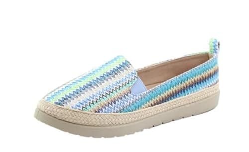 Image of Heavenly Feet Ladies Espadrilles Woven Pattern Slip-On Pumps Comfort Cushioned Insole Jute Style Deck Shoe (Blue Zig Zag, UK Footwear Size System, Adult, Women, Numeric, Medium, 5)