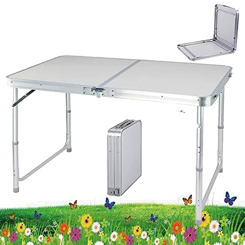 Image of YouseaHome 4ft Pop-Up Trestle Table Aluminum Rectangle Camping Folding Table Portable Adjustable Garden Outdoor Picnic Table Kitchen Work Top Table, White, 120x60x70/62/55cm