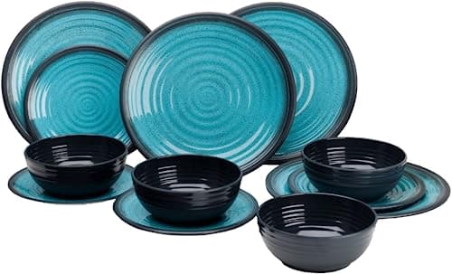 Image of Xtremeauto 12pc Dinner Set Plates and Bowls Set - Dinnerware Sets Melamine Bowl, Plate Crockery Plate Set Dining Tableware Dishes, Dishwasher Safe Set Caravan (Granite Aqua 12pc Set)