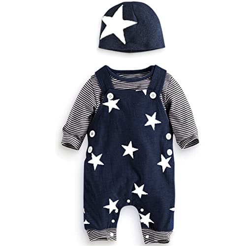 Image of SFreeBo Baby Boy First Birthday Outfit Autumn Cotton Long Sleeve T-shirt Top and Pant Suspenders with Blue Star Hat 3pcs Set