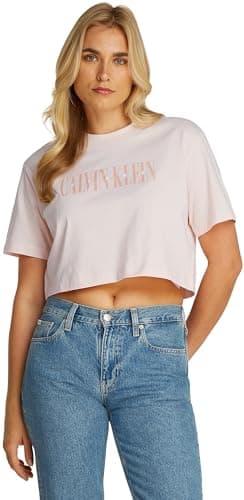 Image of Calvin Klein Women’s Short Sleeve Varsity Boxy Cropped T-Shirt, Pink (Silver Peony), M