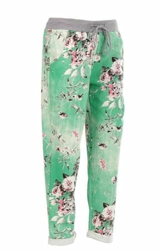 Image of Candid Styles Womens Italian Denim Joggers Sweatpants Plain Floral Star Elasticated Waist Gym Running Yoga Pants Jogging Turn Up Trousers 8-22(Green with Flowers, UK 12-14)