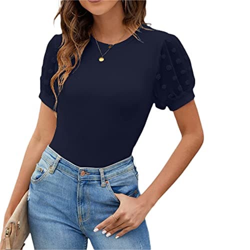 Image of Women's Elegant Short Puff Sleeve Rib Knit Basic Slim Fit T-Shirt Crop Tops Crew Neck Swiss Dots Blouse Work Top (Navy, Medium)