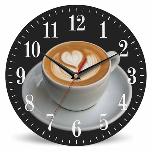 Image of Mxocom Coffee Wall Clock Cappuccino Art Heart Pattern 10 Inch Silent Non Ticking Battery Operated Clock Vintage Round Clock for Living Room Bedroom Bathroom Office Decor