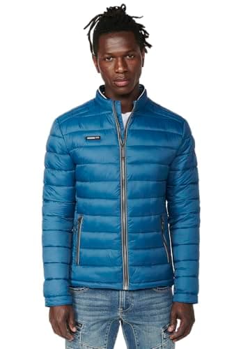 Image of Koroshi Men's Blue Quilted Jacket with Stand Collar and Zip Front Closure, Blue, blue, S