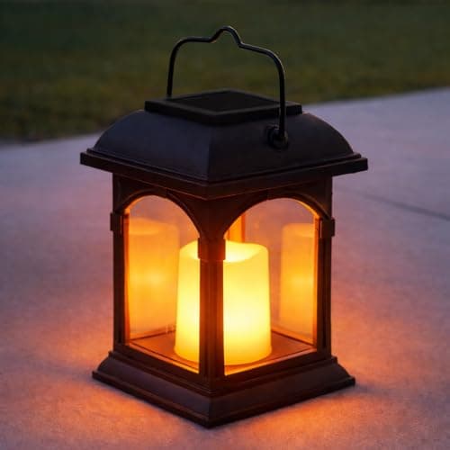 Image of Festive Lights - 15cm Realistic Solar Power Candle Lantern – Black, Flickering Amber LED – Outdoor Hanging or Table Light – Waterproof Garden, Patio & Decking Decoration – IP44 Rated, Energy-Efficient