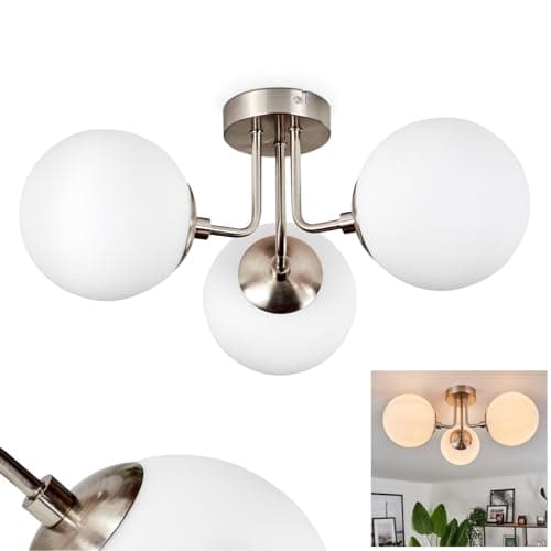 Image of HOFSTEIN Ceiling Light Cabalonga, Modern Ceiling lamp Made of Metal/Glass in matt Nickel/Milk Glass, luminaire in Modern Design with Glass Shades (Ø 15 cm), 3-Flame, 3 x E14, Without Bulbs