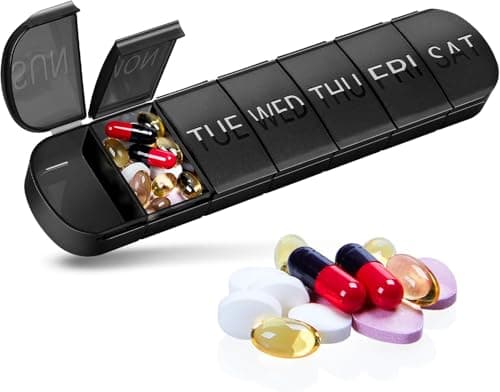 Image of Black Weekly Pill Box Organiser with Upgraded Open Design | Premium Quality 7 Day Travel Tablet Box | Portable Pill Case for Medications, Vitamins, and Supplements